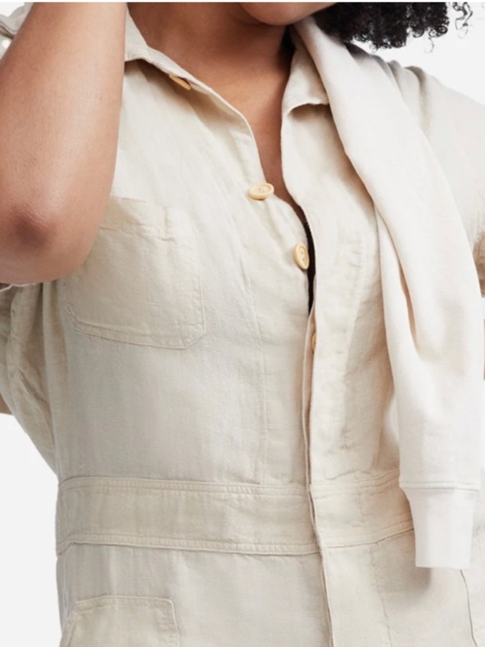 MATE Women's Linen Beige Short-Sleeve Utility Jumpsuit Size S